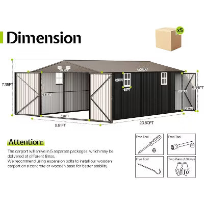 AMERLIFE 10.1x20.7x7.3 FT Heavy Duty Metal Carport, Car Canopy with Doors & Windows, All-Weather Shelter for Car, Truck, Boat, Dark Gray