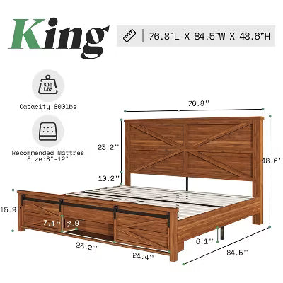 AMERLIFE Farmhouse Size Bed Frame with Sliding Barn Door Storage