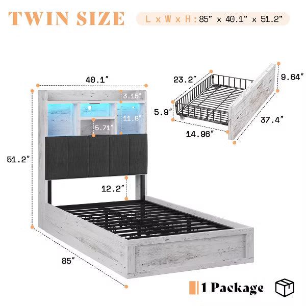 AMERLIFE LED Bed with 4 Storage Drawers, Bookcase Headboard and Charging Station
