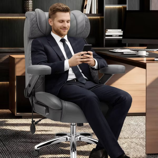 KERDOM Big and Tall Executive Office Chair, 500LBS PU Leather Desk Chair with 5D Adjustable Armrest, 90°-120° Reclining Home Computer Chair,Gray