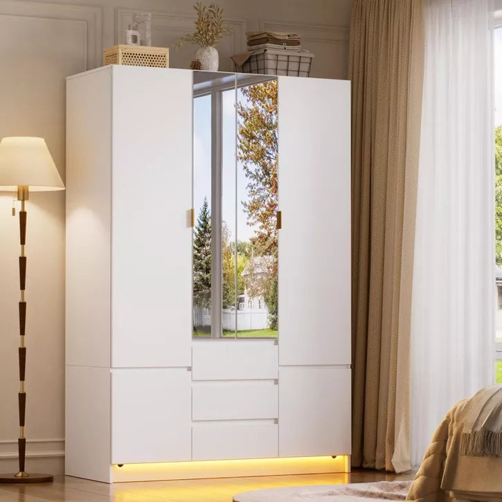 PAKASEPT 47" W Armoire Wardrobe Closet with 4 Door & 2 Mirror, with LED Light & 3 Drawers, Storage Cabinet with Hanging Rod for Bedroom