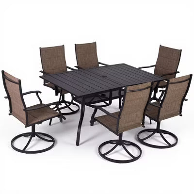 BOSMILLER 7-Piece Outdoor Patio Dining Set with Swivel Chairs & Metal Table, All-Weather Furniture for Deck, Lawn, Garden - Brown