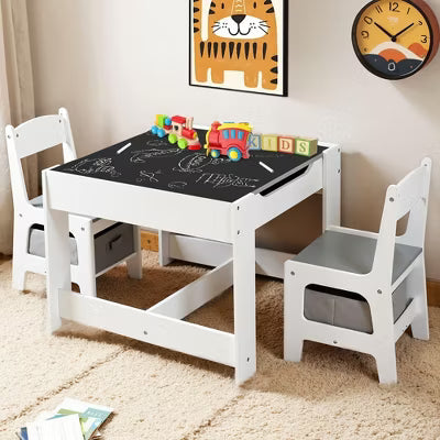 TODECARE Kids Wooden Table and 2 Chairs Set with Storage Drawers, Detachable Tabletop and Activity Surface, Gray