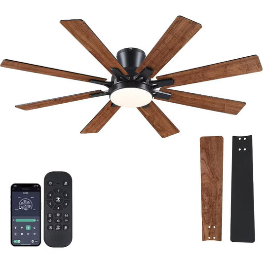 52 Inches Low Profile 8 Blades Modern Quiet Ceiling Fan with Light and Remote APP Control