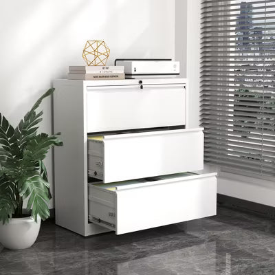 Munora - 3-Drawer Lateral File Cabinet with Lock - Wide Storage for Letter/Legal/A4 Files - White