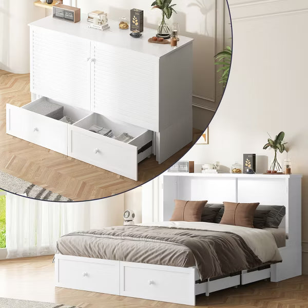 Mjkone Modern Queen Size Murphy Bed with USB ports,2 Drawers，with 4.72''Mattress