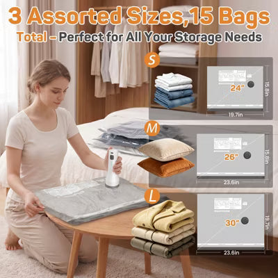 Vacuum Storage Bags 15 Pack with Air Pump for Clothes Bedding and Closet Organization.