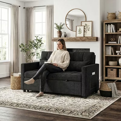Resenkos 54 Inch Adjustable Backrest Sofa, Sofa Bed, Futon Sofa with Double Armrest and Pouch, Variable Bed for Living room, Bedroom, Black