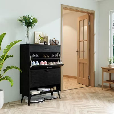 Hooseng Wooden Shoe Cabinet with 2 Flip Drawers, Modern Shoe Storage Organizer Unit with Adjustable Panel, Holds 12 Pairs of Shoes, Freestanding