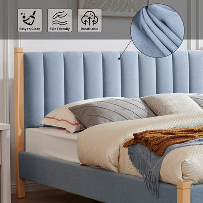 LEOVSNOVE King Size Upholstered Platform Bed Frame Vertical Channel Tufted Headboard Noise Reduction No Box Spring Needed Easy Assembly Light Blue
