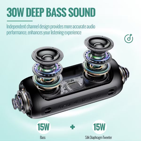 VEAT00L Portable Bluetooth Speaker,Floating Dustproof Speaker,30W Stereo Sound Wireless Speaker with Cool Dynamic LED Lights, IPX7 Waterproof