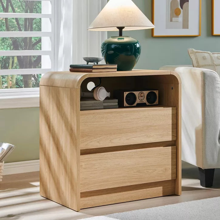 SinCiDo 25" Tall Modern Nightstand, Wood Bedside Table w/Charging Station & 2 Drawers, Mid Century End Table for Bedroom, Living Room