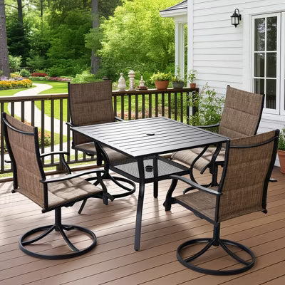 BOSMILLER 5-Piece Patio Dining Set with 4 Swivel Chairs & Square Metal Table, Umbrella Hole, All-Weather Outdoor Furniture - Brown