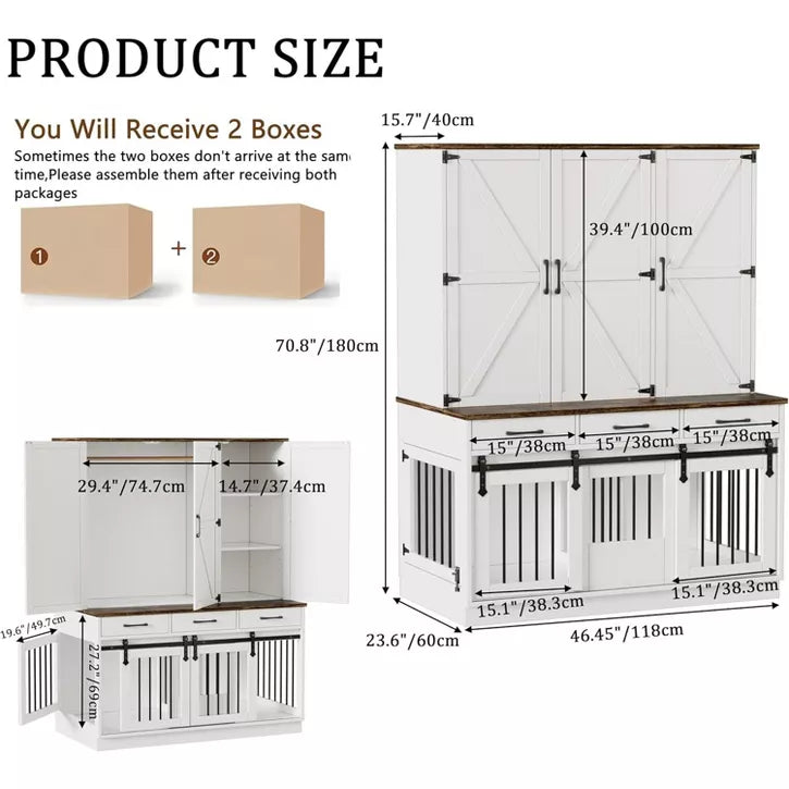 PAKASEPT 71" Tall Dog Crate Furniture, Indoor Dog Kennel with Wardrobe Closet, 46.5" W Dog Cage for Large/Medium Dogs, Wood Dog Crates with 3 Drawers