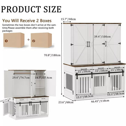 PAKASEPT 71" Tall Dog Crate Furniture, Indoor Dog Kennel with Wardrobe Closet, 46.5" W Dog Cage for Large/Medium Dogs, Wood Dog Crates with 3 Drawers