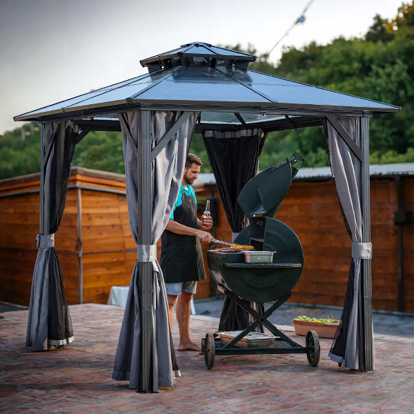 8 ft. x 8 ft. Hardtop Outdoor Gazebo, Polycarbonate Double Roof BBQ Gazebo with Aluminum Frame, Storage Hooks, Curtains