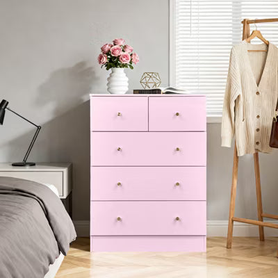 CIPACHO 5 Drawer Cabinet - Macaron Powder Melamine Veneer Particleboard with Matte Gold Handles