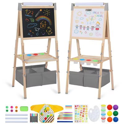 TODECARE Kids 3-in-1 Adjustable Kids Art Easel with Magnetic Whiteboard, Chalkboard, Paper Roll and Storage, Pink