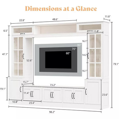 AMERLIFE 98" W Wall Unit TV Stand with Storage for TVs up to 80", White