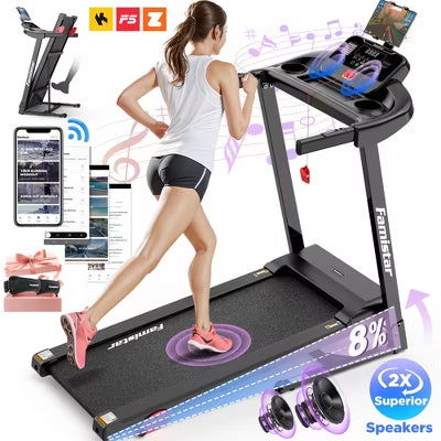Treadmill for Home, Portable Folding Electric Exercise Treadmill with Adjustable Incline, APP Control, 64 Programs, 300 lb Capacity, 7.5MPH