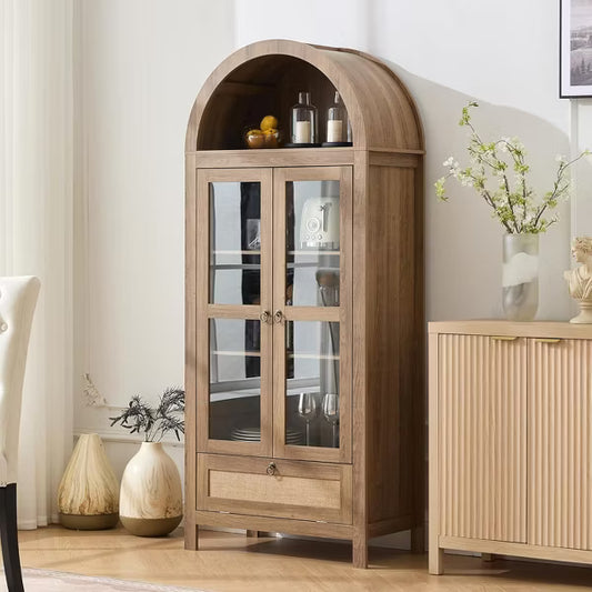 TYBOATLE 71" Tall Arched Pantry Cabinet with Glass Door, Drawer & Anti-Tip Kit – Versatile Storage Cupboard for Kitchen or Dining Room,Wood