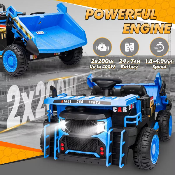 Joyracer 24V Ride on Toys w/ Remote Control, 2 Seater 400W Electric Powered Ride on Truck w/ Dump Bed, 3 Speeds, Shovel, Bluetooth, Gift for Kids