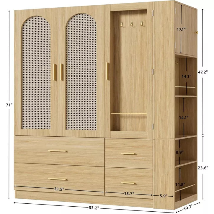 PAKASEPT 71'' Farmhouse Armoire Wardrobe Closet with Rattan, Wooden Wardrobe Storage Cabinet with 3Doors, Hanging Rod, Vanity Mirror, Drawers