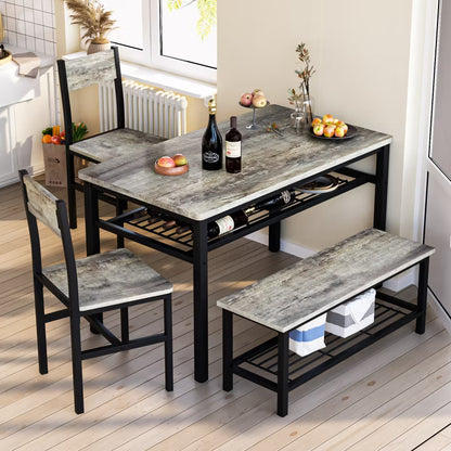 Hooseng 4 Pieces Dining Room Table Set with 2 Chairs and 1 Bench, 4-Person Dining Table Set with MDF Table Top, Metal Frame, and Storage Racks