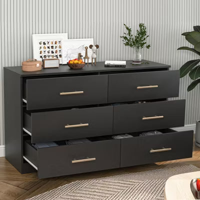 CIPACHO Black 6-Drawer Dresser with Gold Handles - Spacious Storage Chest (Bedroom/Living Room/Entryway)