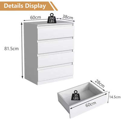 CIPACHO White 4-Drawer Handle-Free Dresser - Modern Wooden Tall Nightstand for Bedroom
