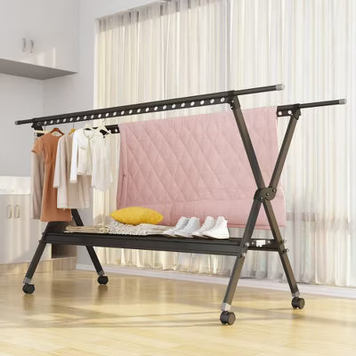 Hooseng Clothes Drying Rack, Foldable Portable Indoor Outdoor Garment Rack with 48 Windproof Hooks and Wheels