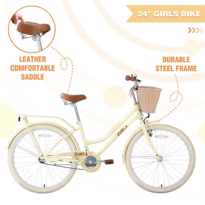 AENKYO 24-Inch Girls Bike with Basket, Low-Step Carbon Steel Frame, Easy to Assemble Adjustable Seat - Kids Bicycle for Boys and Girls