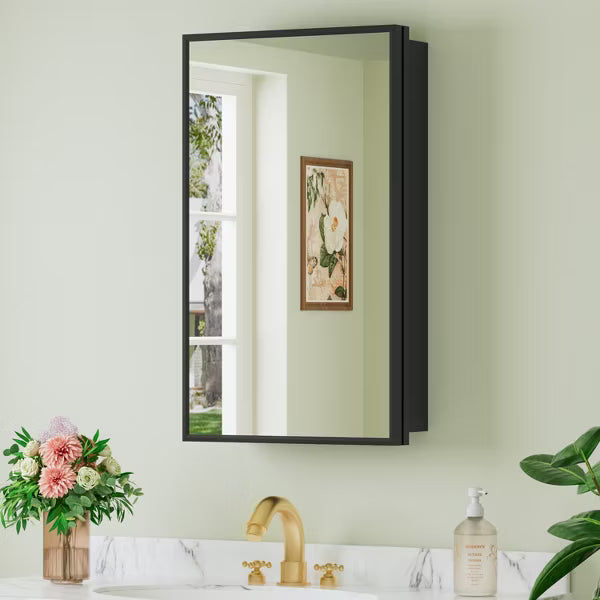 Elise 14'' x 24'' Medicine Cabinet with Mirror, Surface-Mounted or Recessed Bathroom Medicine Cabinet, Adjustable Tempered Glass Shelves,Black