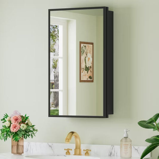 Elise 14'' x 24'' Medicine Cabinet with Mirror, Surface-Mounted or Recessed Bathroom Medicine Cabinet, Adjustable Tempered Glass Shelves,Black