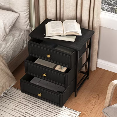 Resenkos 3-Drawer Wood Rectangle Nightstand Set of 2 Bedside Table Living Room Small Dresser, 20" Tall, Black