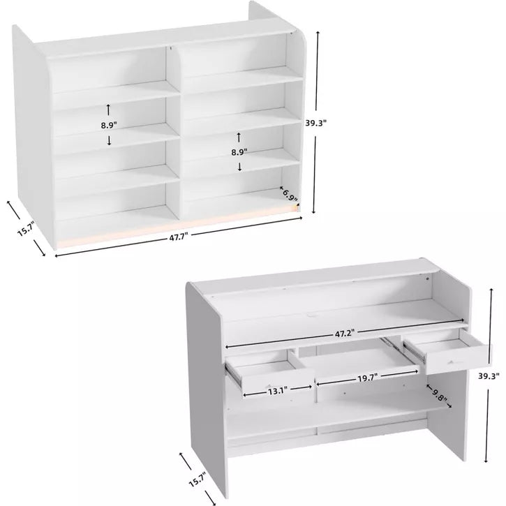 PAKASEPT 47.7" W Reception Desk with Counter for Retail & Checkout, Modern Front Reception Counter with LED Lights,Drawers & Shelves, for Shop,Bar