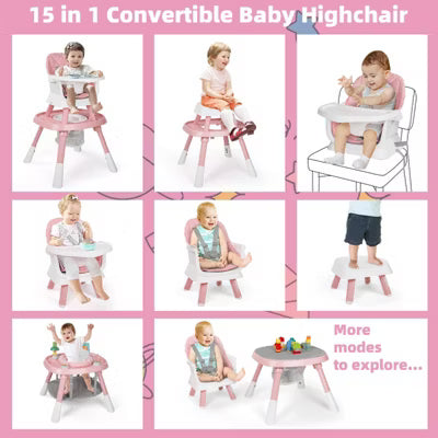 TODECARE 15-in-1 Convertiable High Chair for Babies and Toddlers, Highchair & Activity Center, Booster Seat w/5-Point Harness & Removable Tray