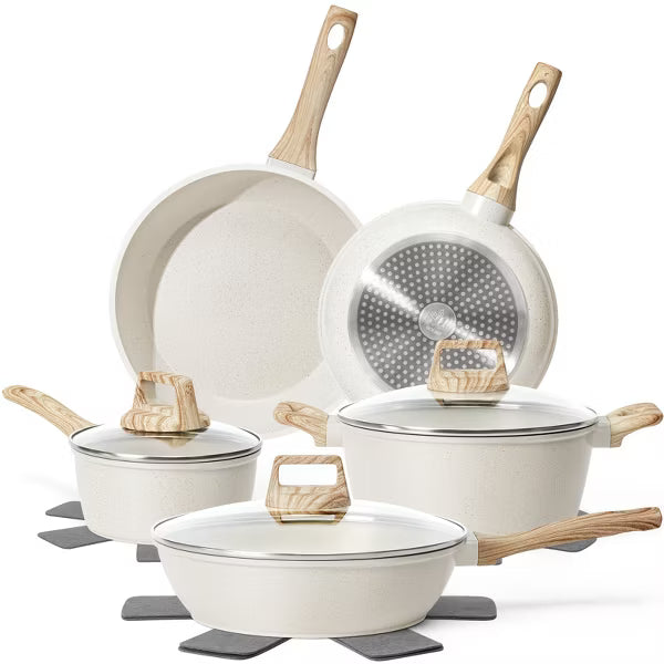 SODAY 12 Pcs Pots and Pans Set, Nonstick Cookware Sets White Granite Induction Cookware,Non Stick Kitchen Cooking Set with Frying Pans Set,Saucepans
