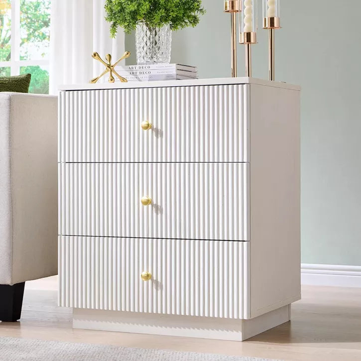 SinCiDo Fluted Nightstand with Charging Station, 21.65" Wide Modern Wood Bedside Table w/3 Storage Drawers for Bedroom, Living Room