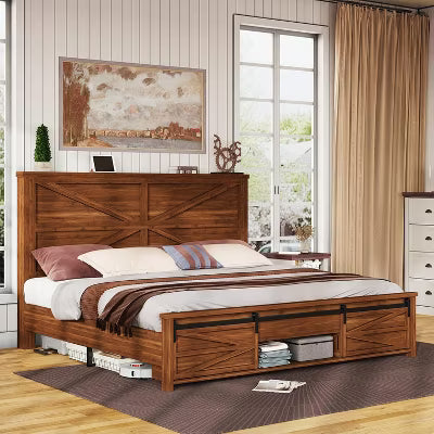 AMERLIFE Farmhouse Size Bed Frame with Sliding Barn Door Storage