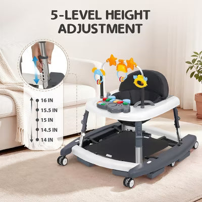 Baby Walker with Adjustable Height Foldable Seat Activity Toys and Rocking Mode