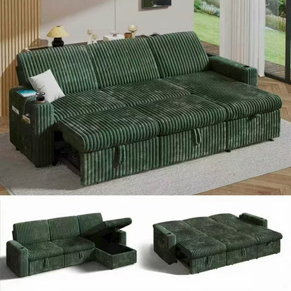 Vipbear 101'' Sectional Sleeper Sofa Bed with Pull Out Bed, with Reclining Backrest/Two Pull Out Beds/USB Ports/Cup Holders, Plush Corduroy