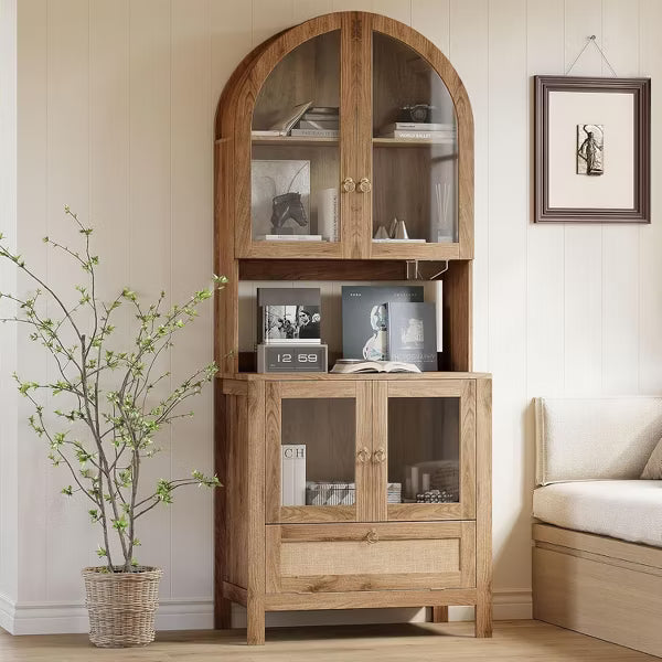 TYBOATLE 75" Tall Arched Storage Cabinet, Wood Kitchens Pantry Cabinets w/Anti-Tipping Device, Versatile Cupboard w/Innovative Drawer,Natrual