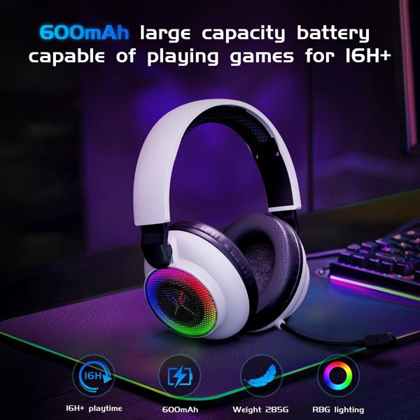 Tri-mode gaming headset, over-ear design, RGB lighting, noise cancellation, long battery life, multi-device compatibility.