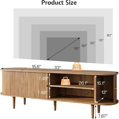 AMERLIFE 70" TV Stand with Solid Wood Legs, Mid Century Modern TV Console with Tambour Door