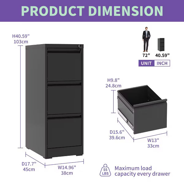 VIYET 40" Vertical 3-Drawer Metal File Cabinet Series with Lock, Tall Locking Filing Cabinets for Home Office, Fits Letter, Legal & A4