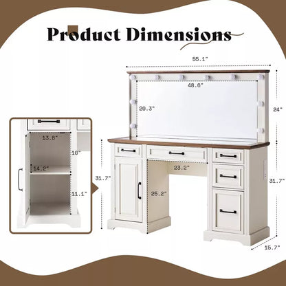 AMERLIFE 55" W Makeup Vanity with Hollywood Mirror, Glass Top Vanity with 5 Drawer