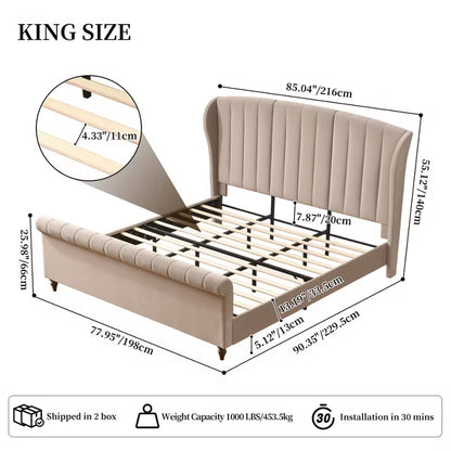 Platform Bed Frame 54" Tall Curved Wingback Headboard,Velvet Upholstered,Wooden Slats,Noise-Free ,No Box Spring Needed,Easy Assembly