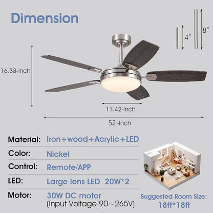 52 inch Modern Ceiling fan with Light,Nickle Downrod with Dual Side Blades,Reversible DC Motor