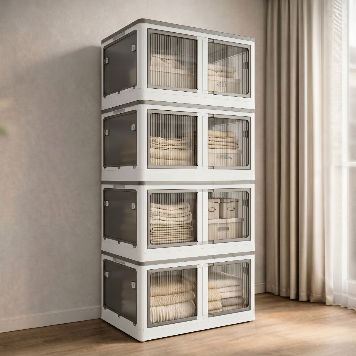 4 Tier Stackable Storage Cabinet with Doors & Wheels, Foldable Organizer for Bedroom, Living Room & Closet, White